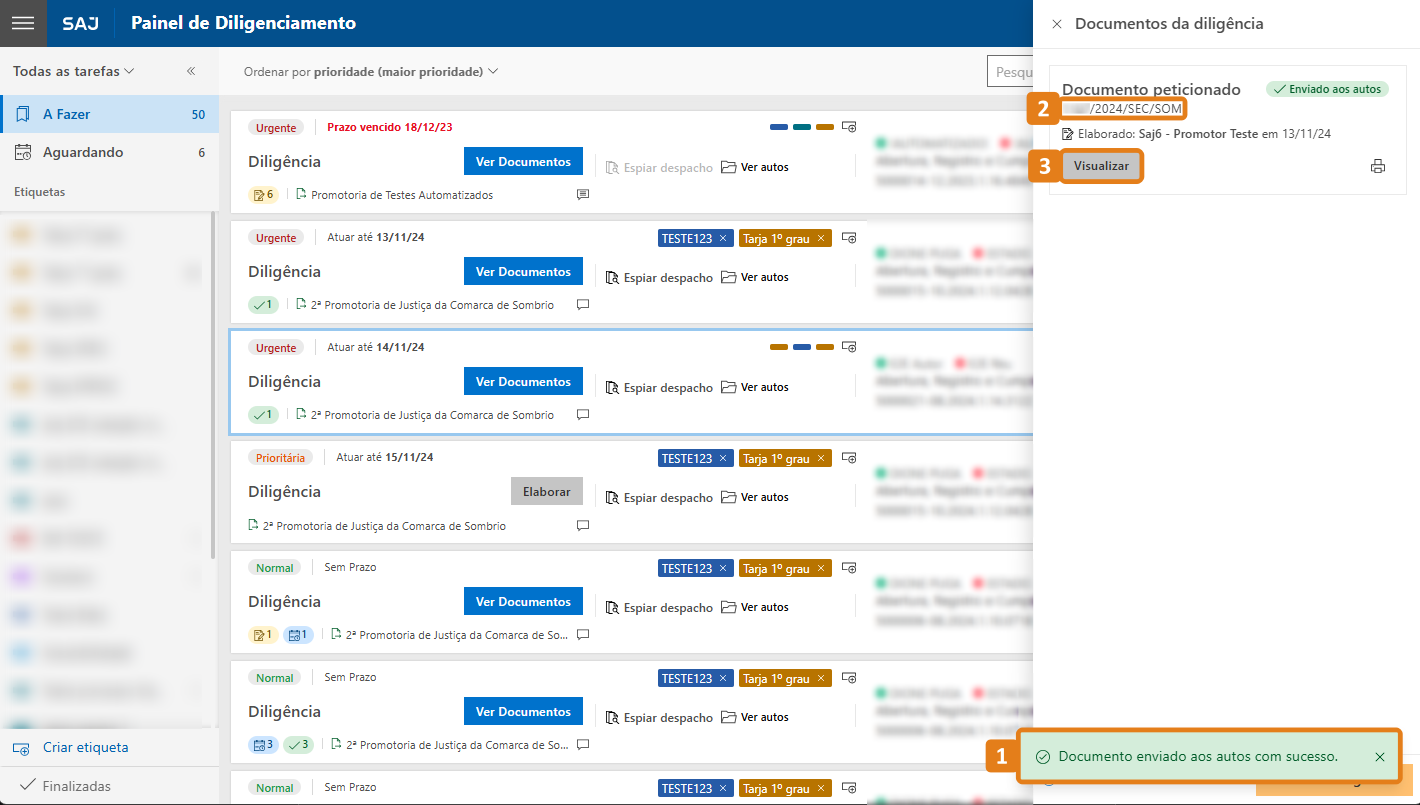 Aba Documentos da diligência com destaques na mensagem de confirmação, identificador do documento e botão Visualizar