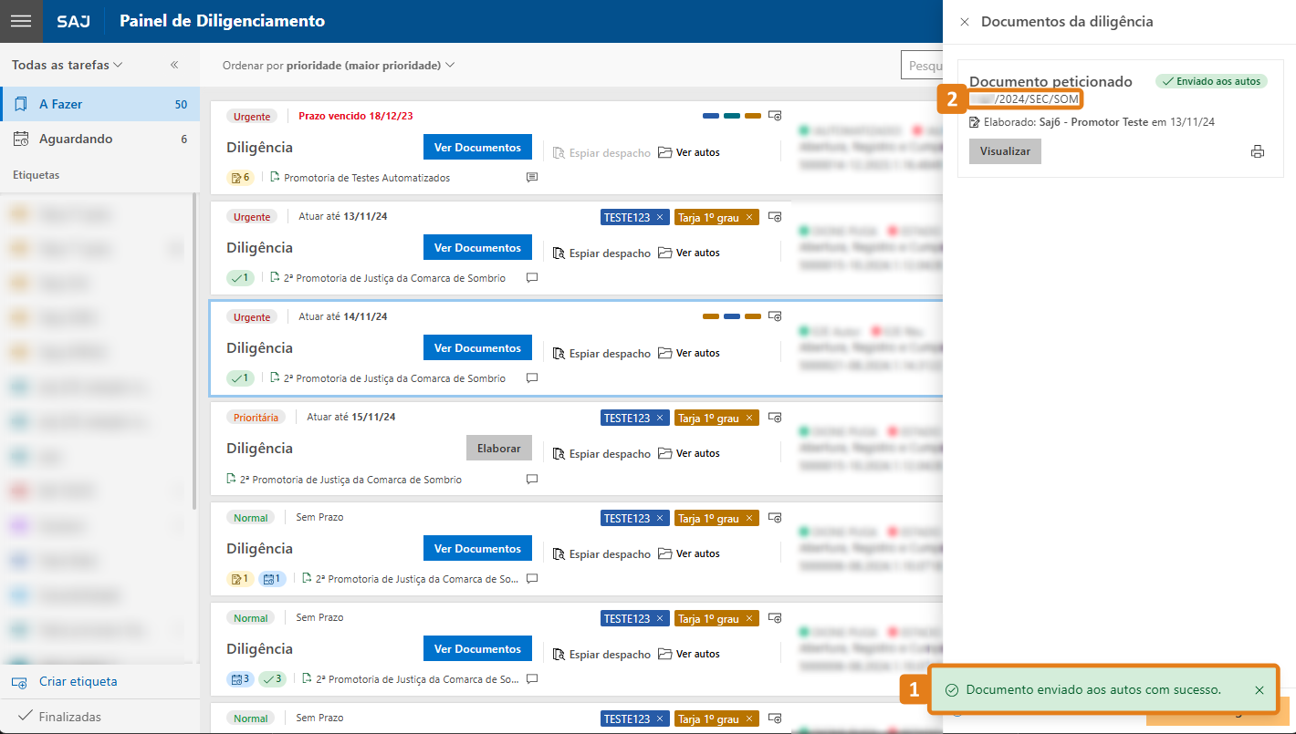 Aba Documentos da diligência com dstaques na mensagem de confirmação e identificador do documento