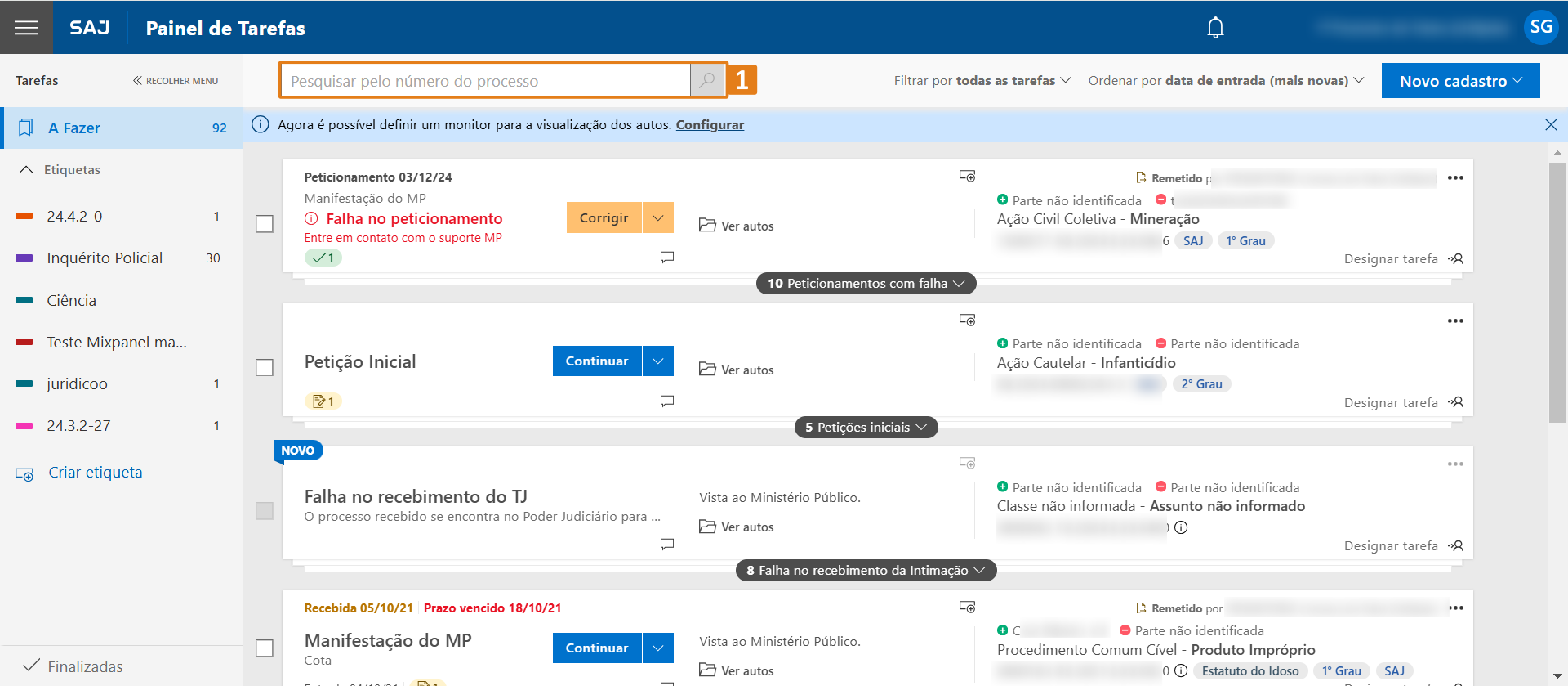 Painel de Tarefas do sistema SAJ. Na parte superior, há uma barra de pesquisa destacada em laranja para inserir o número do processo desejado.