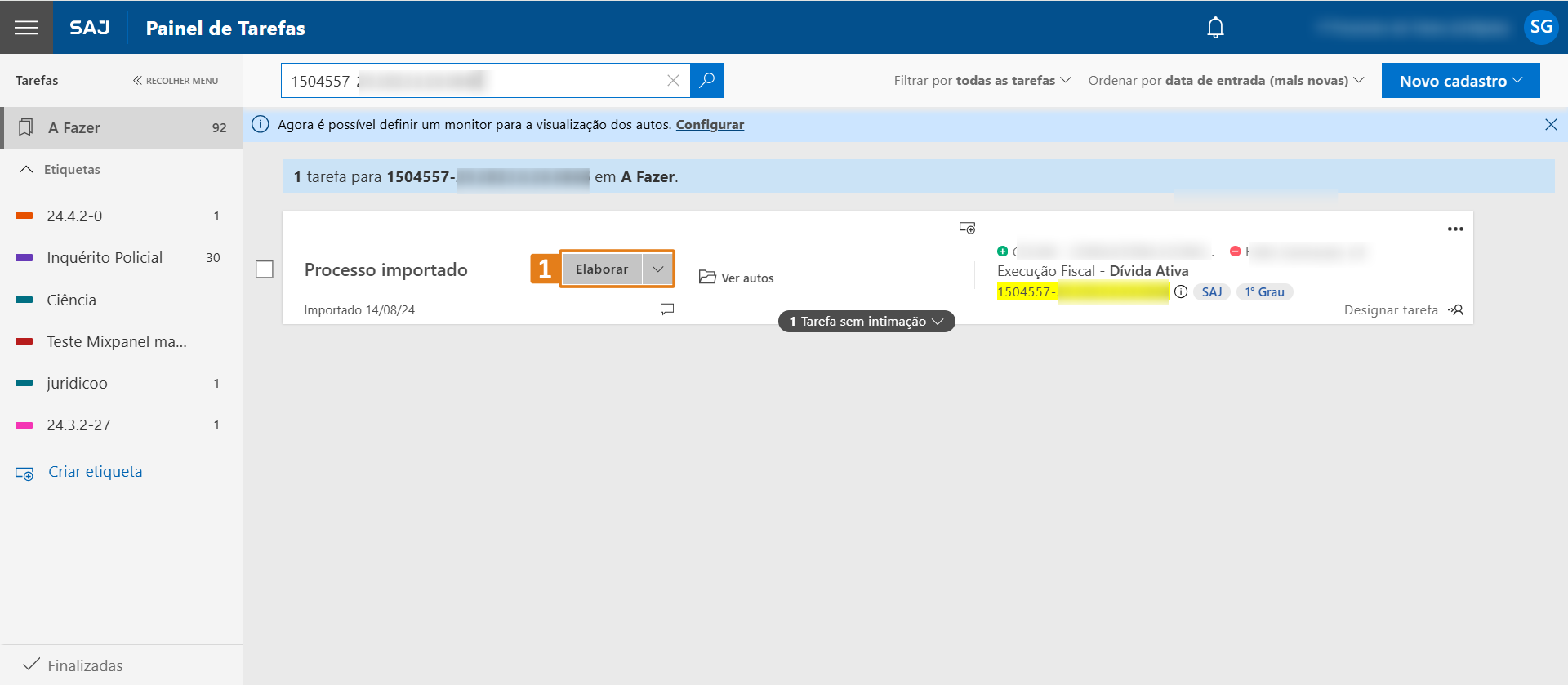 Painel de Tarefas do sistema SAJ. Na lista de tarefas, há um botão destacado em laranja com a opção “Elaborar”
