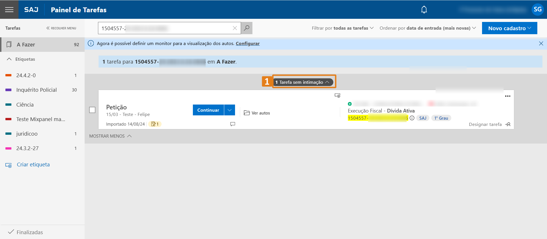 Painel de Tarefas do sistema SAJ. Na parte superior da lista, há um cabeçalho destacado em laranja indicando “1 Tarefa sem intimação”