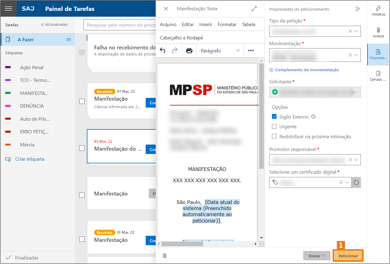 botão Peticionar localizado no canto inferior direito desta tela