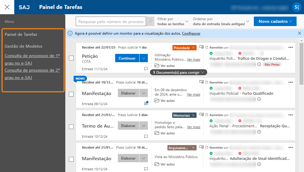 Interface do sistema SAJ com painel de tarefas. No menu lateral, destaques em laranja para as opções ‘Consulta de processos de 1º grau no e-SAJ’ e ‘Consulta de processos de 2º grau no e-SAJ’