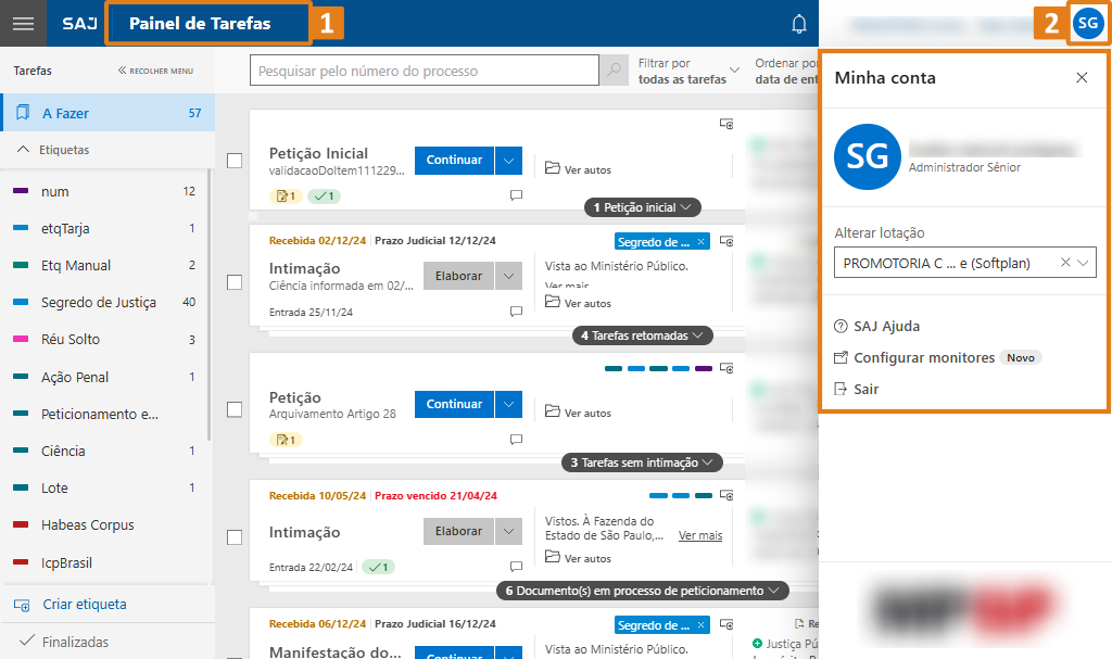 Interface do SAJ com destaque em laranja na aba ‘Painel de Tarefas’ e no painel ‘Minha conta’.