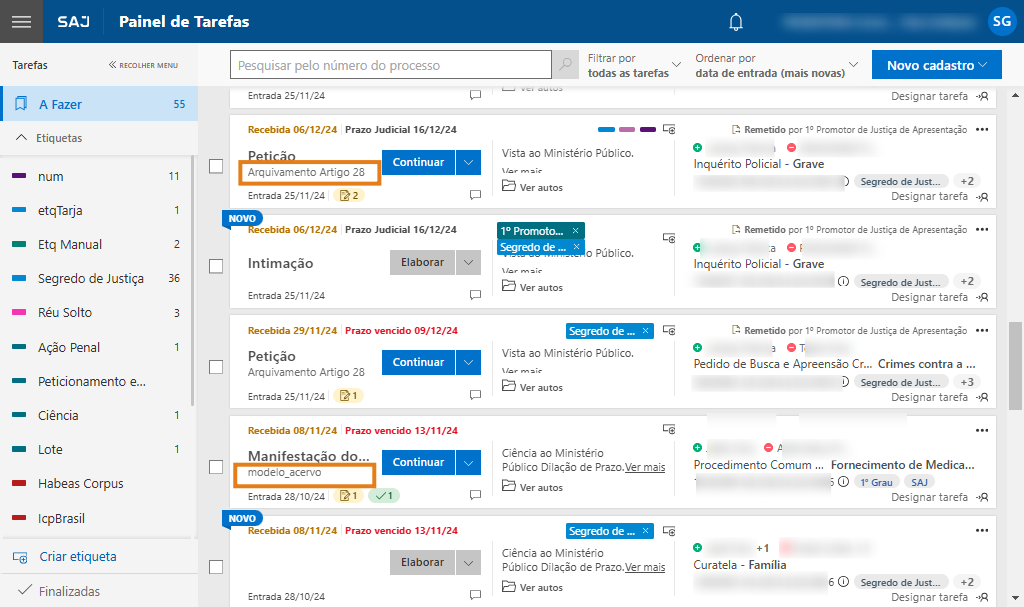 Painel de Tarefas do SAJ. Dois documentos possuem destaques em laranja:  “Arquivamento Artigo 28” na tarefa de Petição. “modelo acervo” na tarefa de Manifestação.
