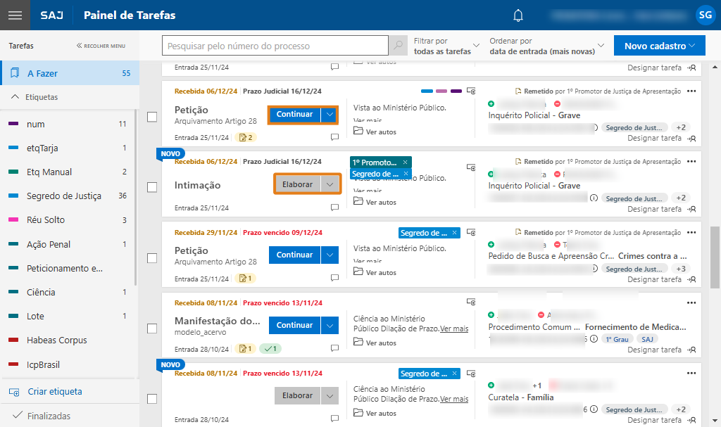 Painel de Tarefas do SAJ. Na primeira tarefa, o botão 'Continuar' está destacado, e na segunda tarefa da lista, o botão “Elaborar” está destacado em laranja.