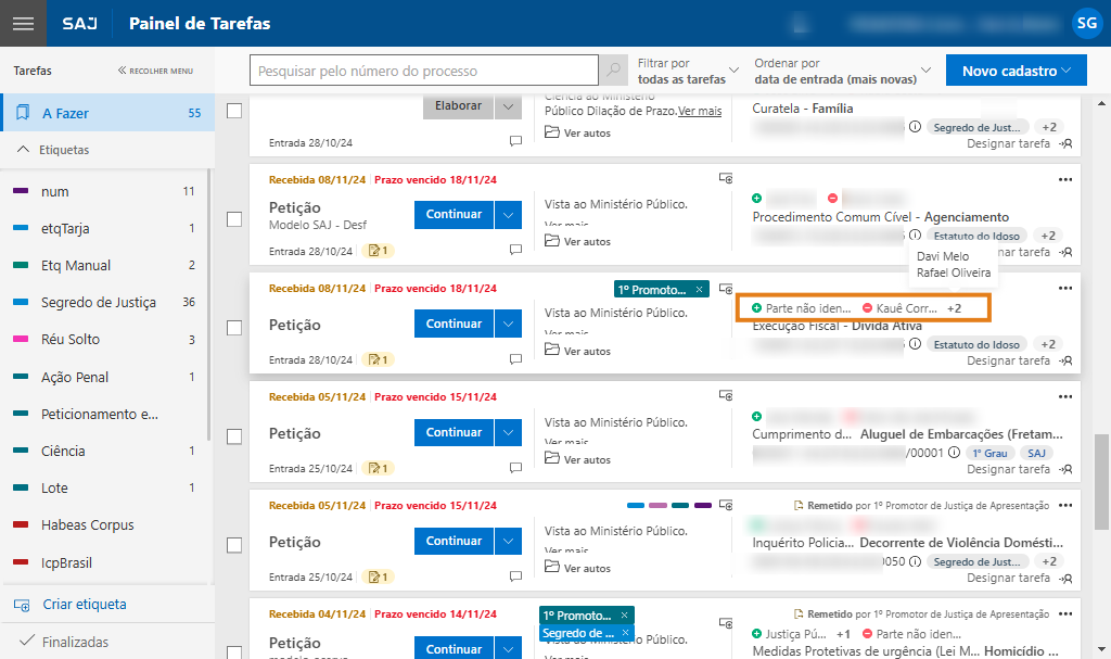 Painel de Tarefas do SAJ. Destaque em laranja indica partes do processo com contador “+2”