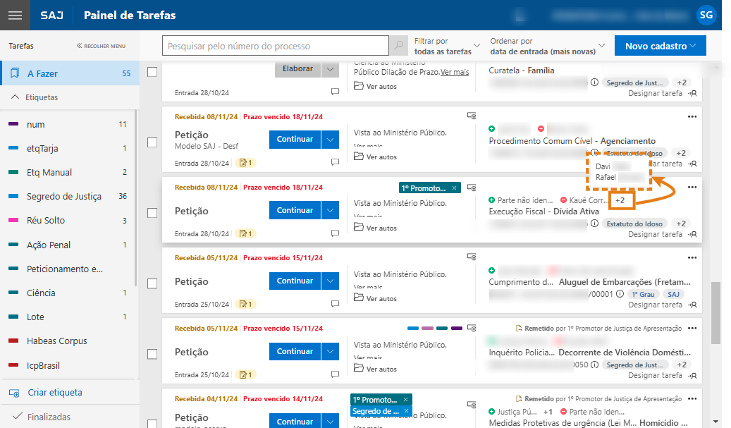 Painel do SAJ. Destaque em laranja indica contador “+2” ao lado das partes; ao passar o mouse, mostra duas partes a mais