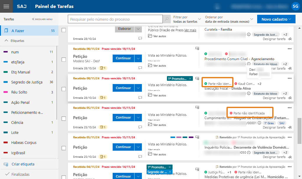 Painel do SAJ. Destaques em laranja indicam a frase “Parte não identificada” 
