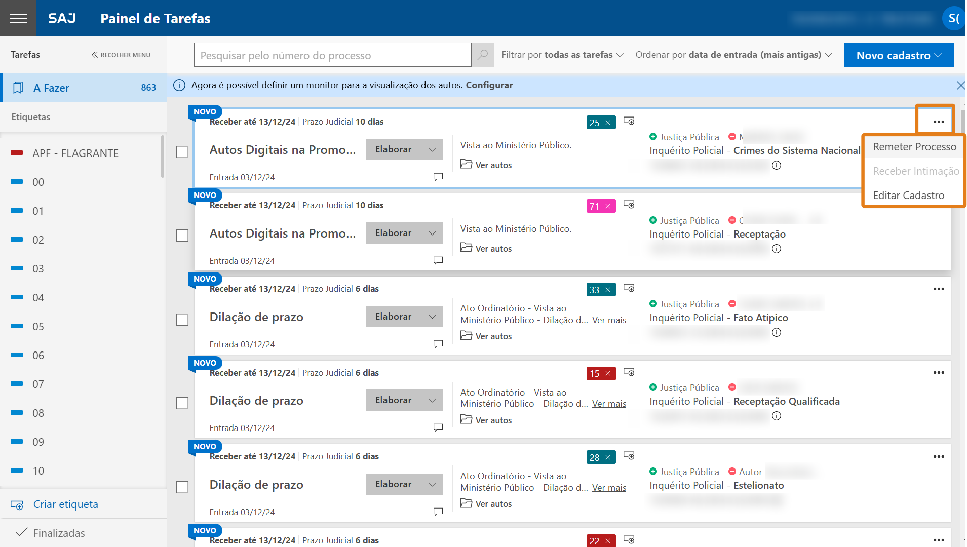 Painel de Tarefas do SAJ. No canto direito da tarefa, destaque em laranja indica menu com opções: “Remeter Processo”, “Receber Intimação” e “Editar Cadastro”.