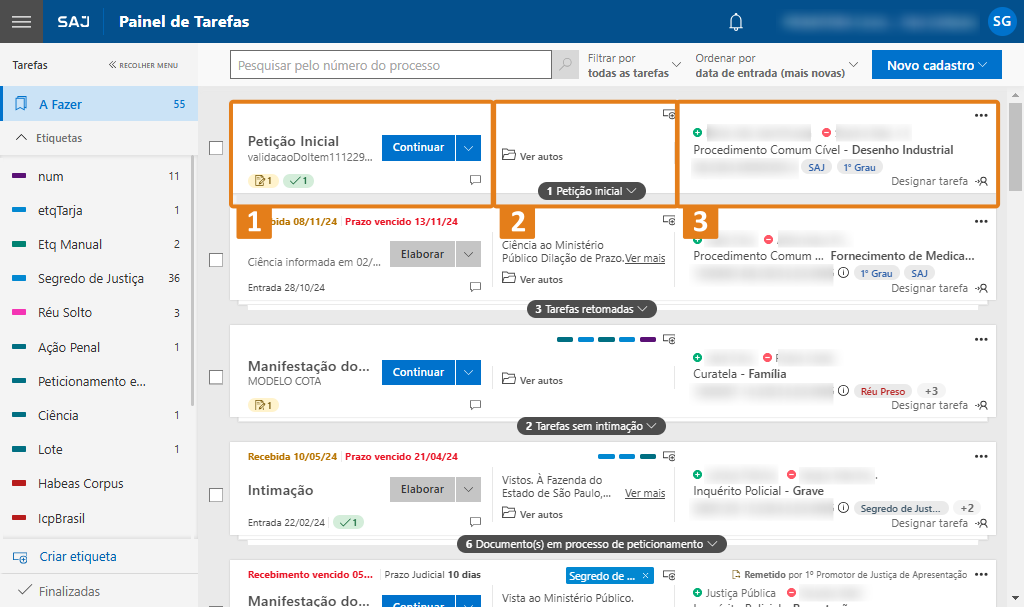 Painel do SAJ com três áreas destacadas:  Atividades, para executar ações. Andamento, com informações da tarefa. Contextualização, com dados do processo.