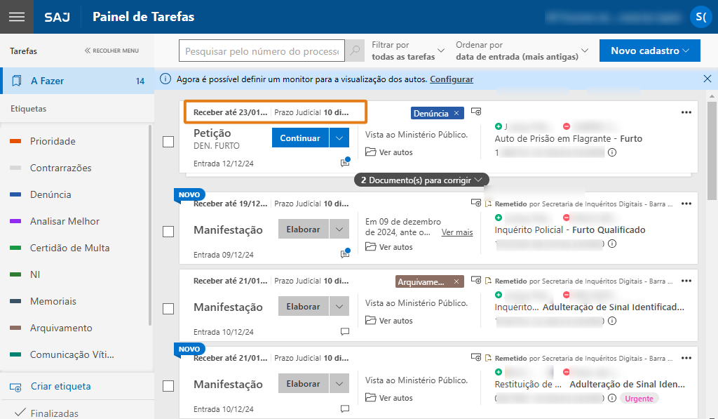 Painel de Tarefas do SAJ. Na primeira tarefa, o prazo “Receber até 23/01” está destacado em laranja.
