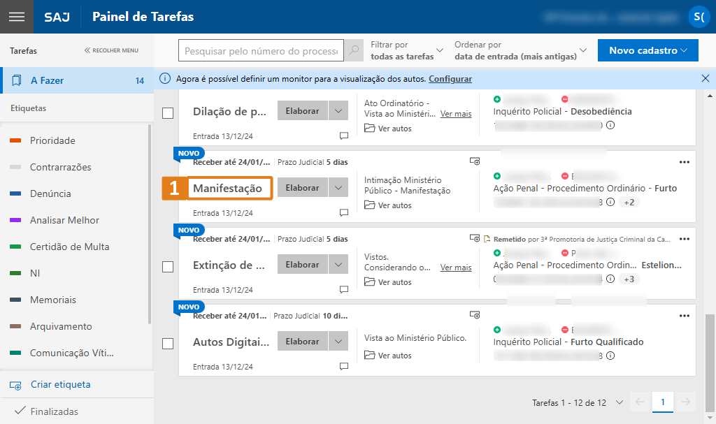 Painel de Tarefas do SAJ. Na lista, a tarefa “Manifestação” está destacada em laranja