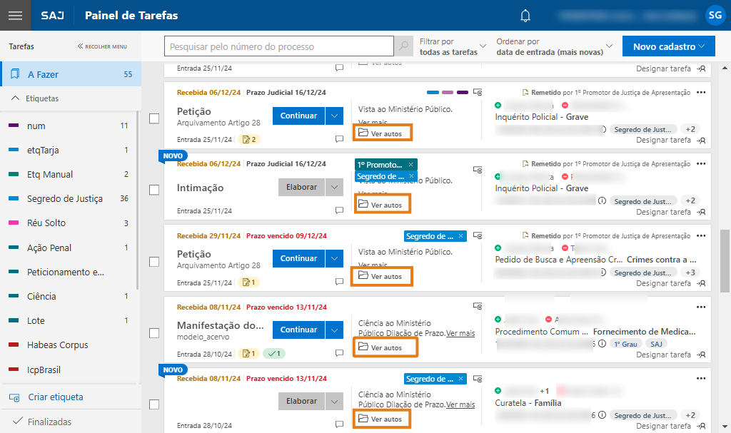 Painel de Tarefas do SAJ. Botões “Ver autos” destacados em laranja abaixo das etiquetas