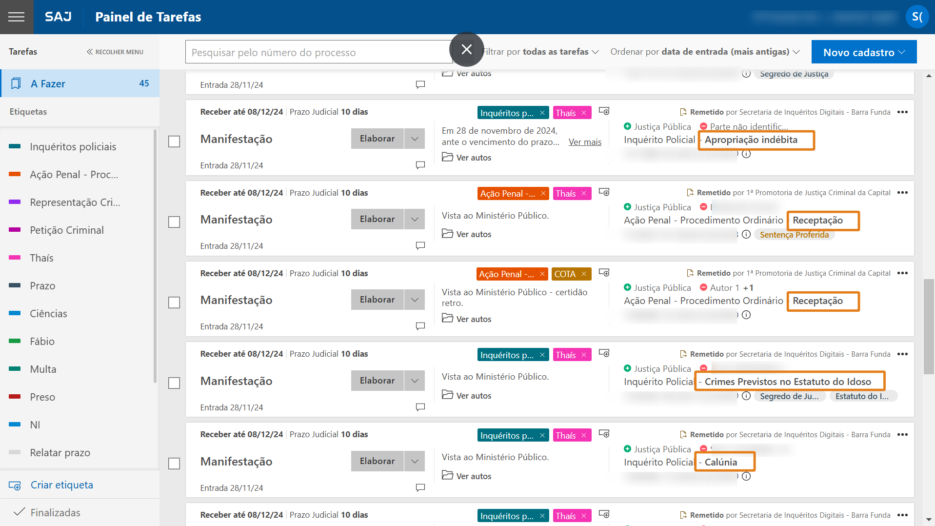 Painel do SAJ. Destaques em laranja indicam assuntos dos processos, como “Apropriação indébita”, “Recepção”, “Crimes previstos no Estatuto do Idoso” e “Calúnia”