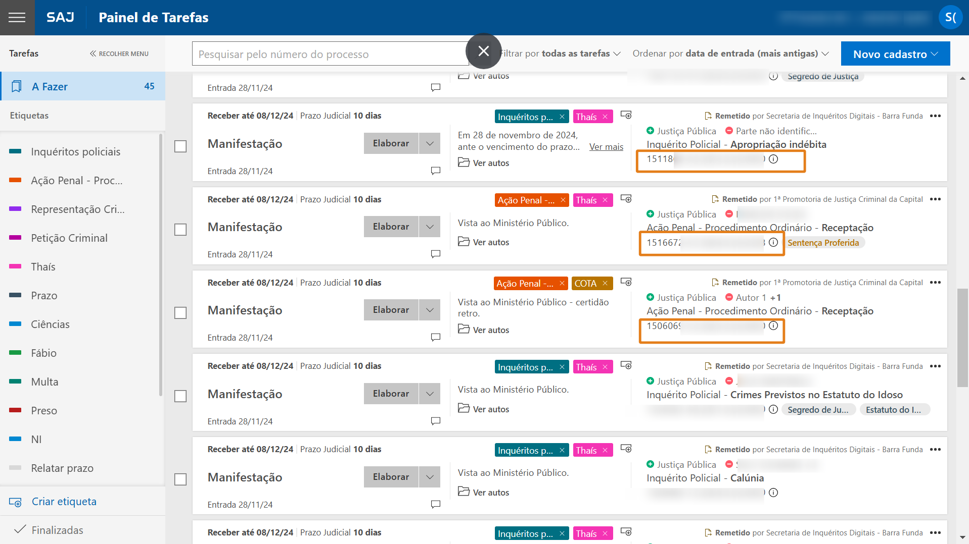 Painel do SAJ. Destaques em laranja indicam números de processos do Tribunal de Justiça exibidos abaixo da classe