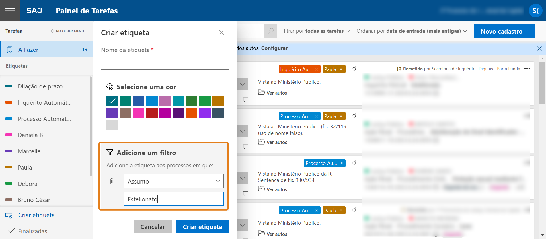 inserir filtro para a etiqueta