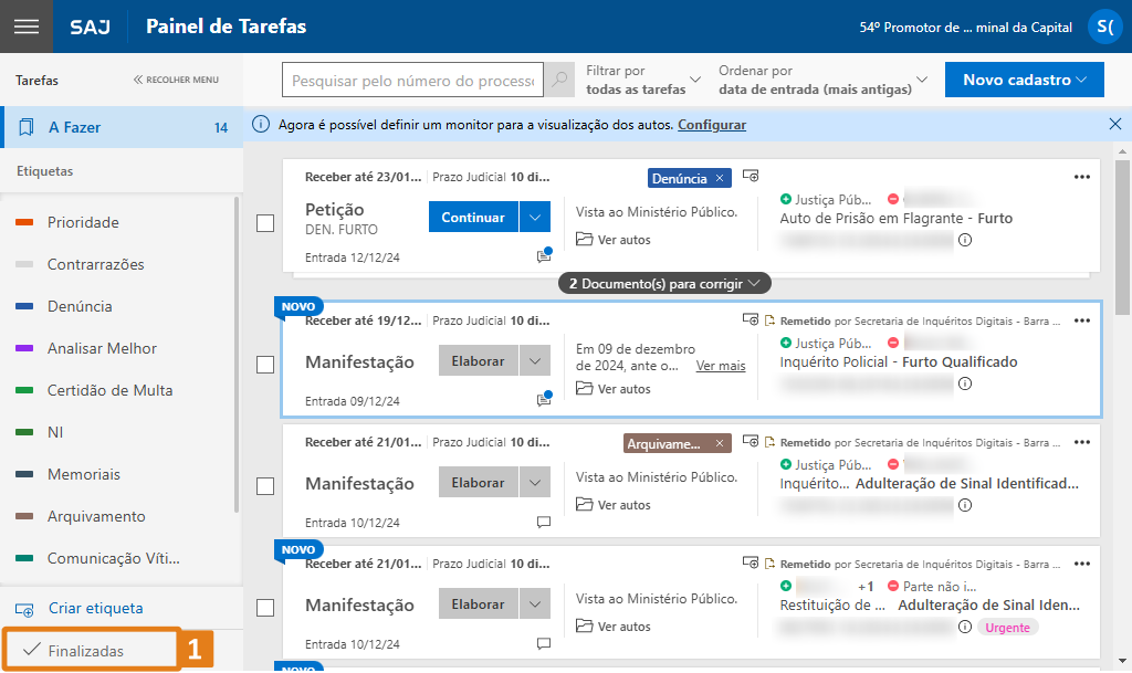 Painel de tarefas do SAJ com lista de processos. Destaque em laranja na seção 'Finalizadas' no canto inferior esquerdo