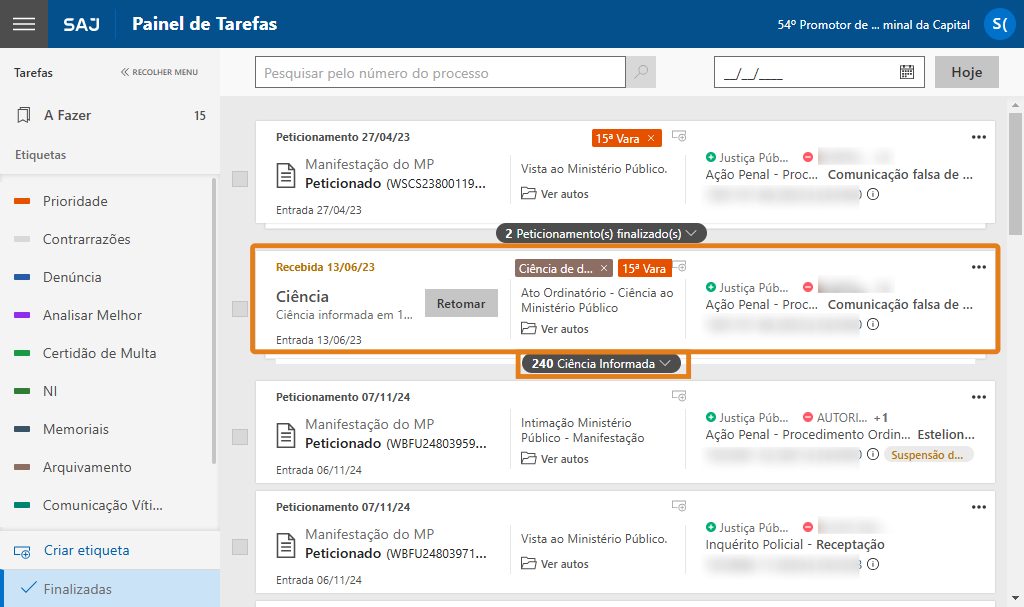 Painel de tarefas do SAJ com lista de processos. Destaque em laranja na tarefa 'Recebida 13/06/23' e na categoria '240 Ciência Informada