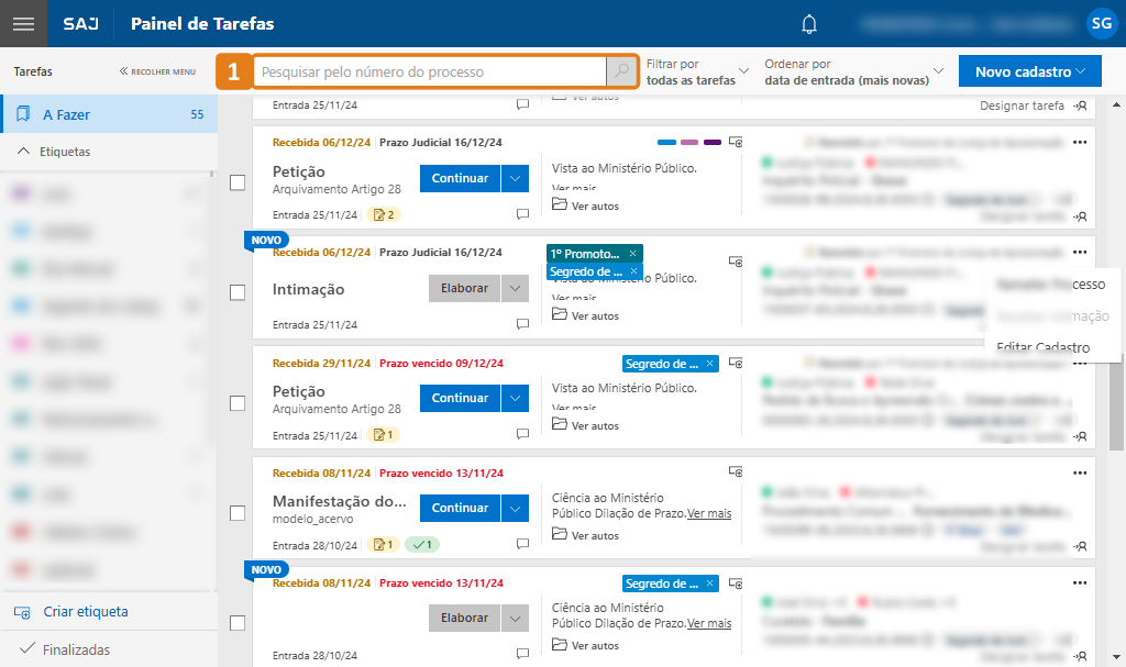 Painel de Tarefas com destaque no campo de busca