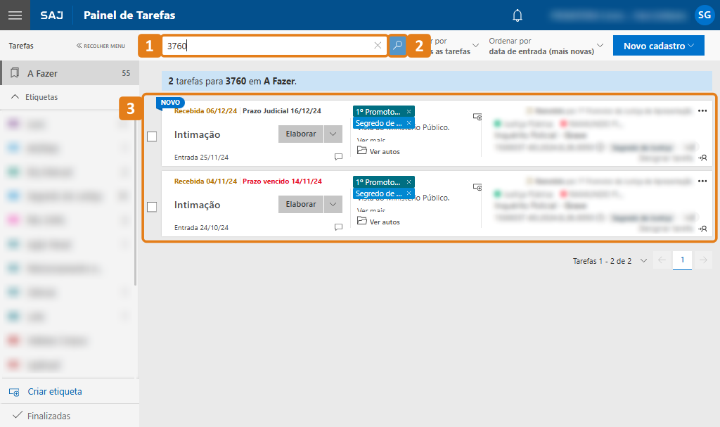 Painel de Tarefas com destaques no campo de busca, ícone de lupa e resultados da pesquisa
