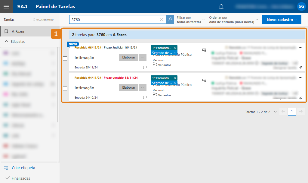 Painel de Tarefas com destaque no resultado da pesquisa