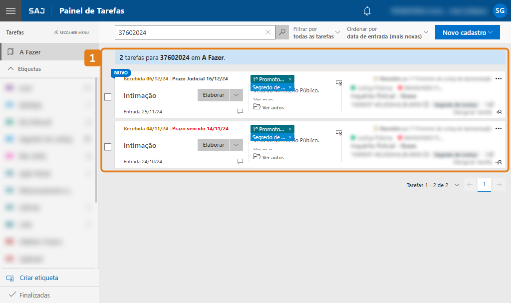 Painel de Tarefas com destaque no resultado da pesquisa