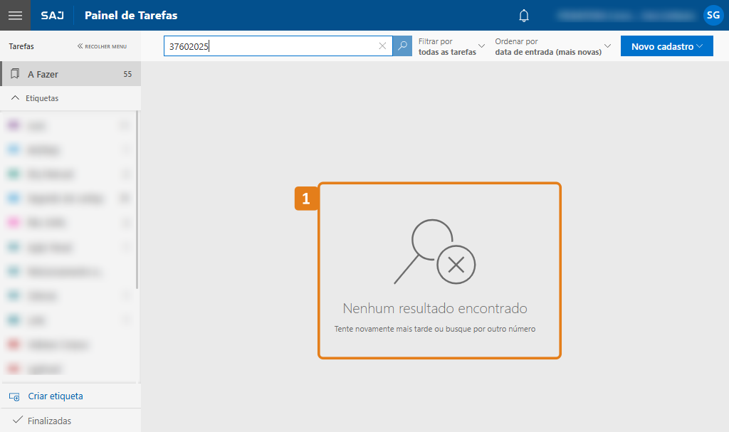 Painel de Tarefas com destaque no resultado da pesquisa