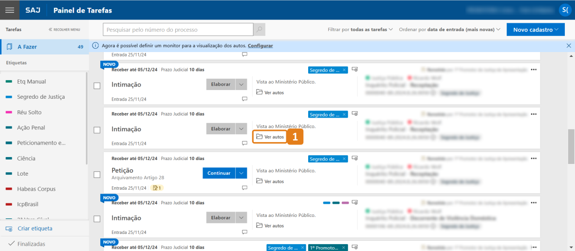 Painel de Tarefas do SAJ. Destaque em laranja na opção “Ver autos”.
