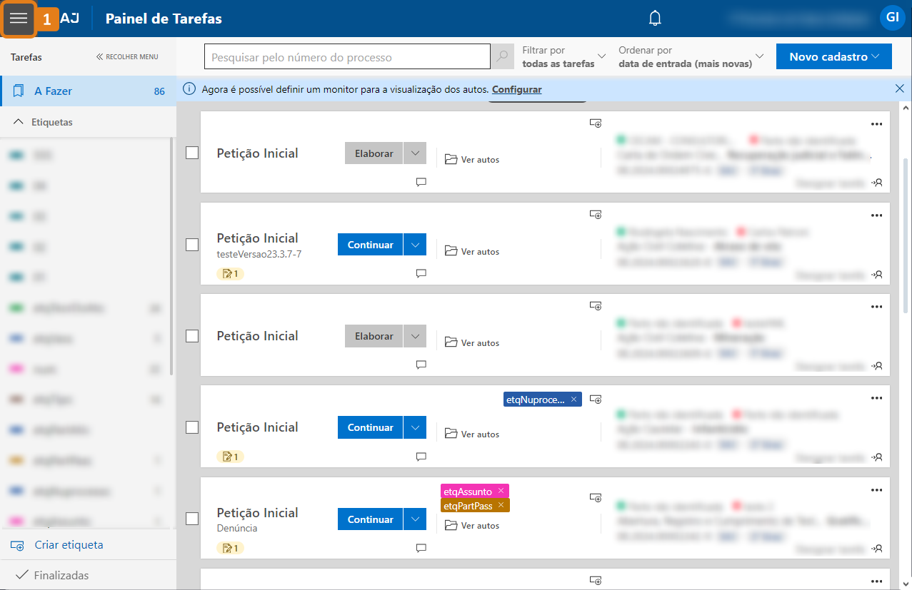 Tela do SAJ no Painel de Tarefas. Um destaque em laranja indica o ícone do menu principal, localizado no canto superior esquerdo.