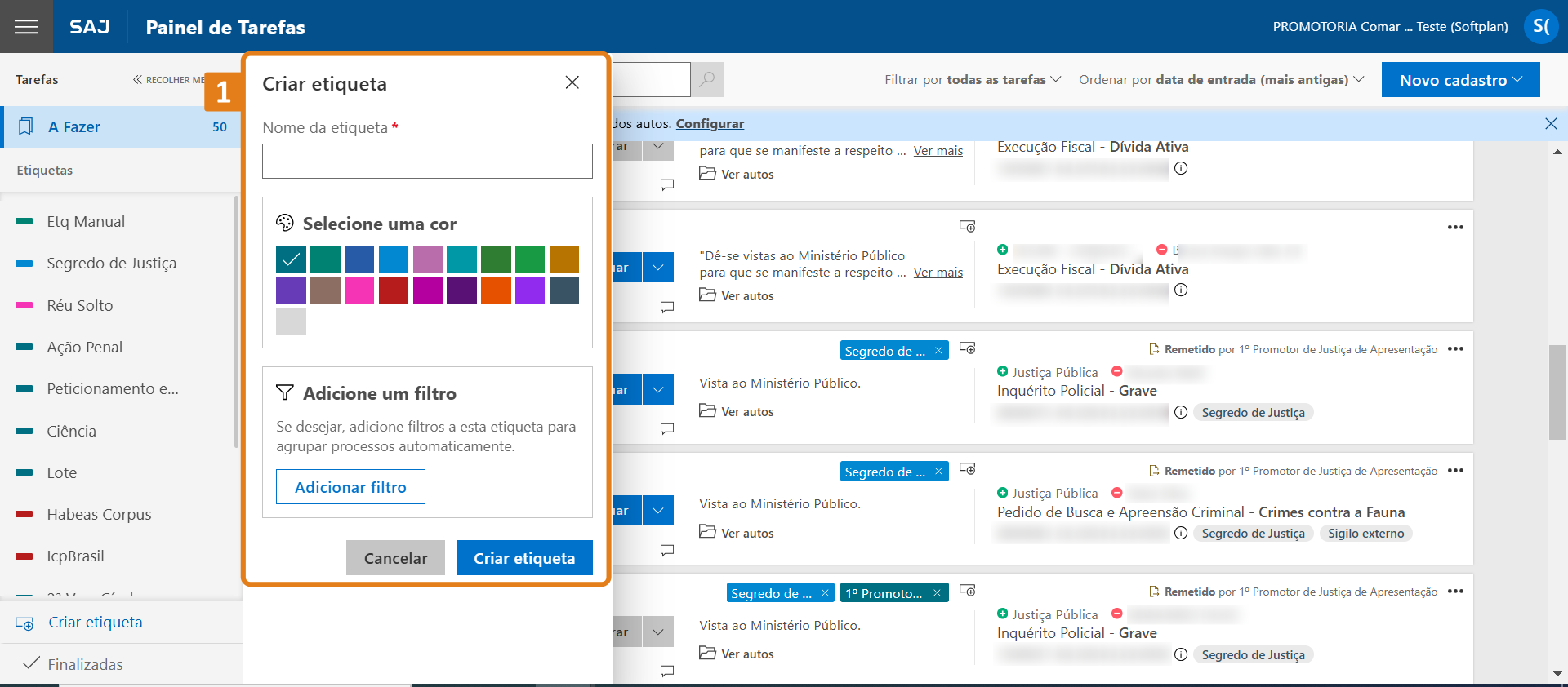 Tela “Painel de Tarefas” do SAJ com destaque na janela “Criar etiqueta” (1), exibindo campos para nome, cor e filtro.
