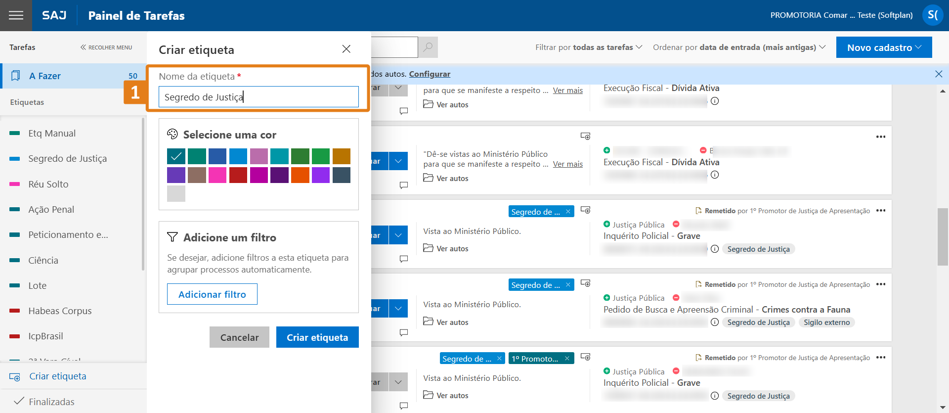 Tela “Criar etiqueta” do SAJ com destaque no campo “Nome da etiqueta” (1) preenchido com “Segredo de Justiça”.
