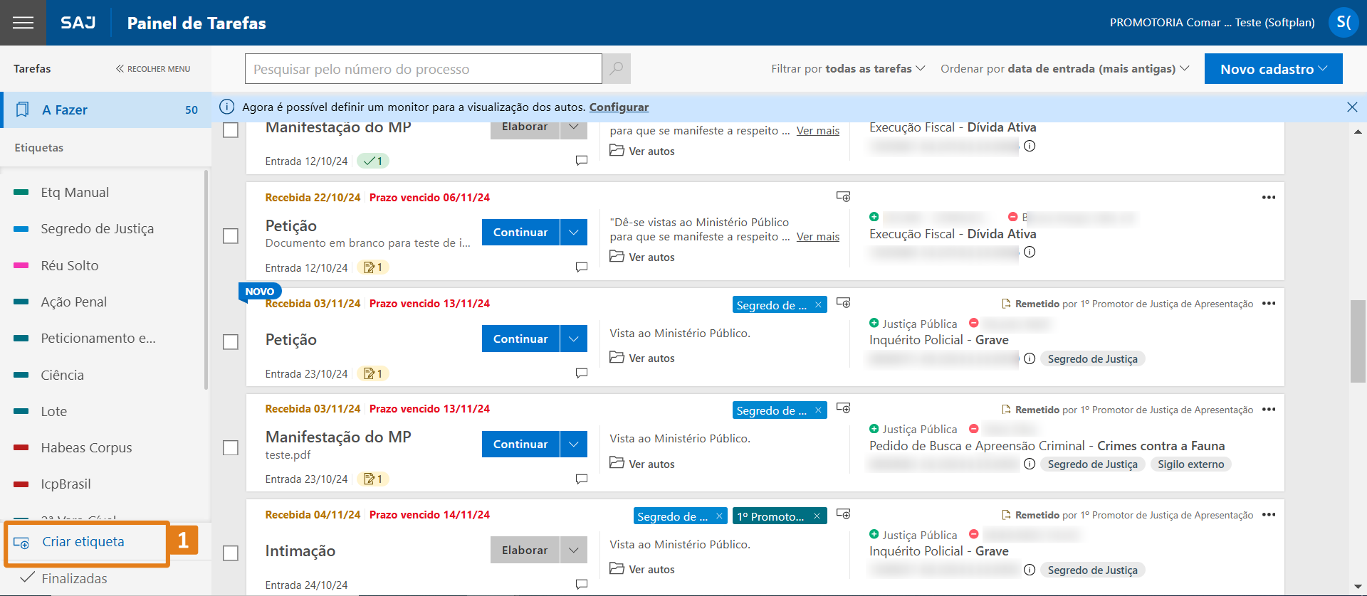 Tela “Painel de Tarefas” do SAJ com destaque no botão “Criar etiqueta” (1) na lateral esquerda.