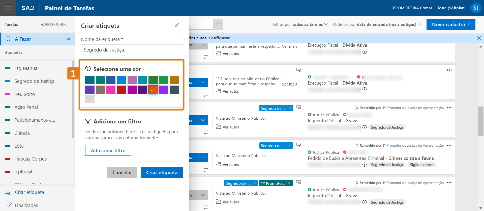 Tela “Criar etiqueta” do SAJ com destaque na paleta de cores (1) para seleção.