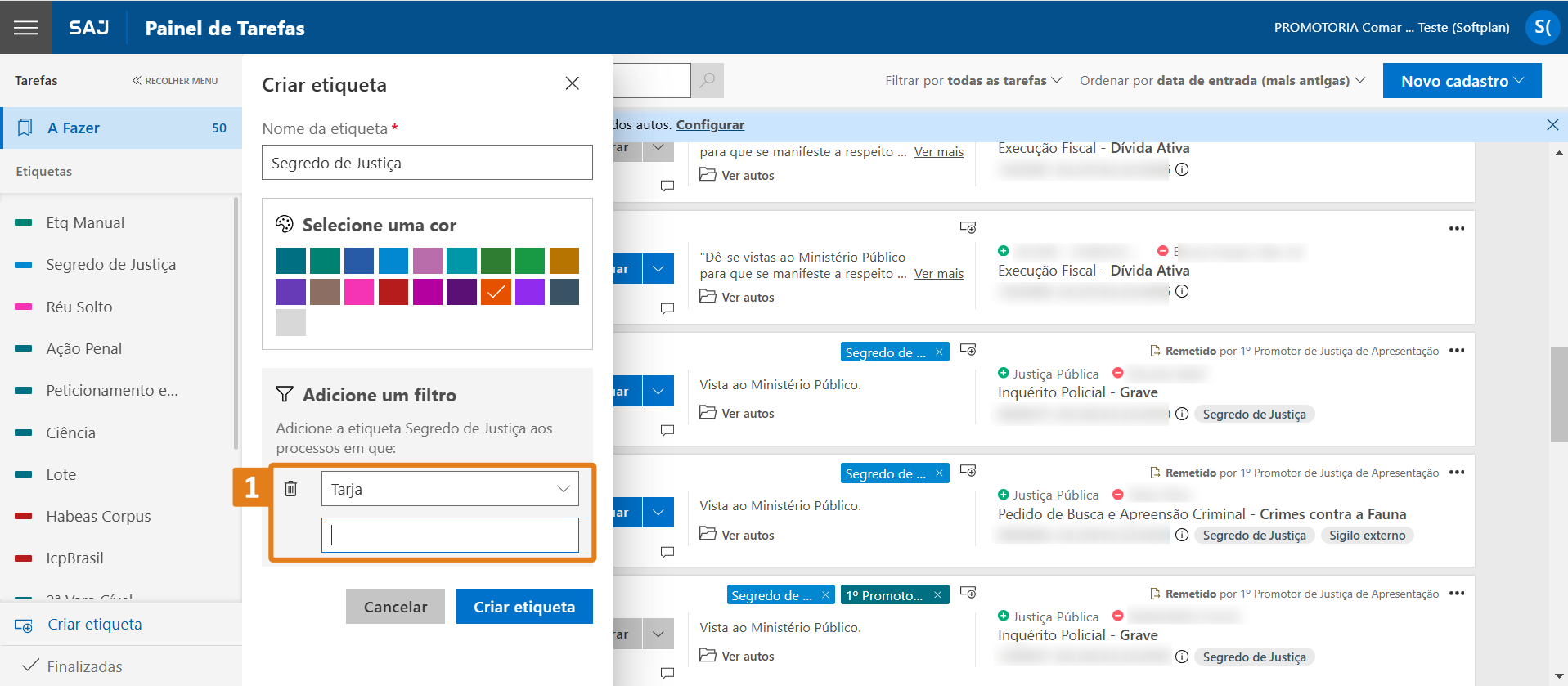 Tela “Criar etiqueta” do SAJ com destaque no primeiro campo de filtro (1) para selecionar tipo de dado.