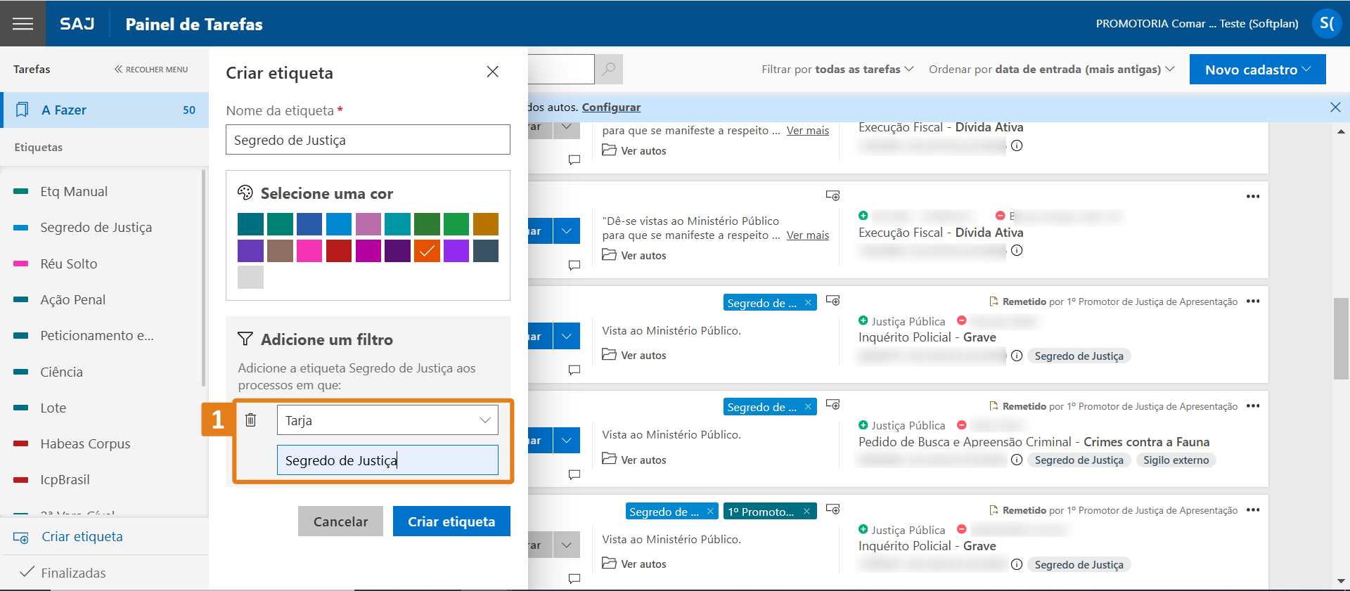 Tela “Criar etiqueta” do SAJ com destaque no segundo campo de filtro (1) preenchido com “Segredo de Justiça”.