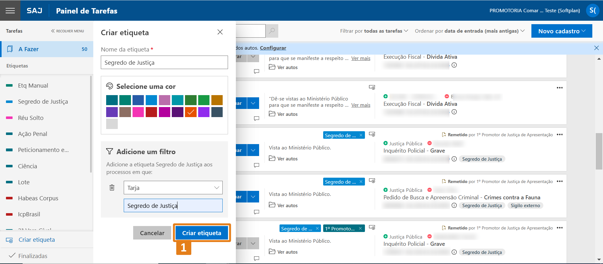 Tela “Criar etiqueta” do SAJ com destaque no botão “Criar etiqueta” (1) na parte inferior.