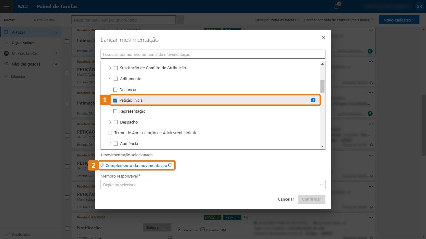 Tela Lançar movimentação com destaques em uma movimentação e Complemento da movimentação