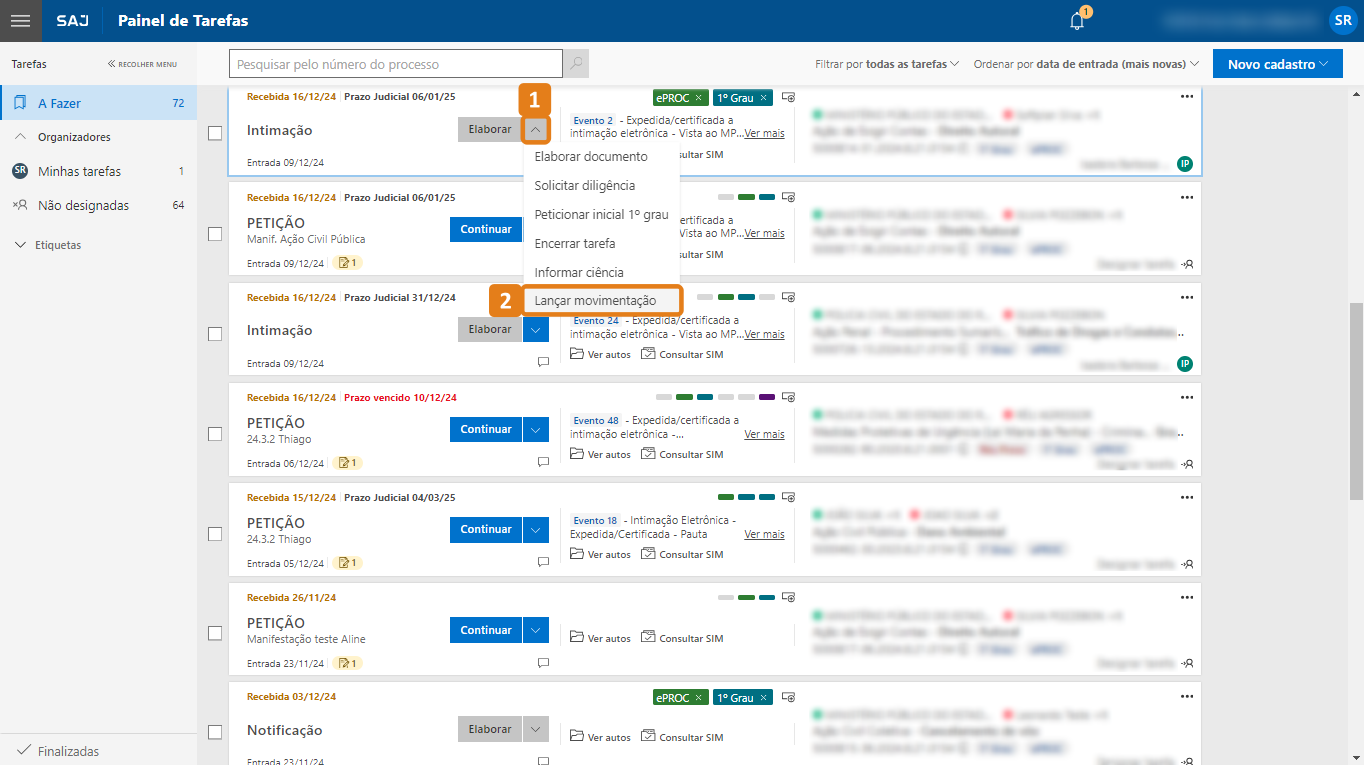 Painel de Tarefas Judicial com destaque na opção Lançar movimentação de uma tarefa