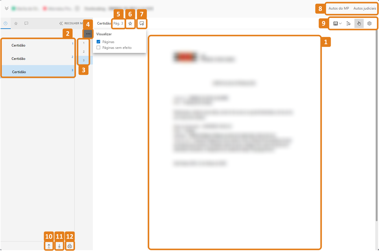 Tela do sistema SAJ exibindo documento aberto no centro, com lista de documentos à esquerda e régua de páginas à direita. Destaques em laranja: conteúdo do documento em visualização (1), listagem de documentos com quantidade de páginas (2), régua de páginas (3), botão para ocultar régua (4), numeração da página atual no cabeçalho (5), ícones para favoritar (6) e adicionar comentários (7), opção para alternar entre pasta judicial e interna (8), ferramentas de visualização e ajuste (9), botão Importar documentos (10), botão Baixar (11) e botão Imprimir (12).