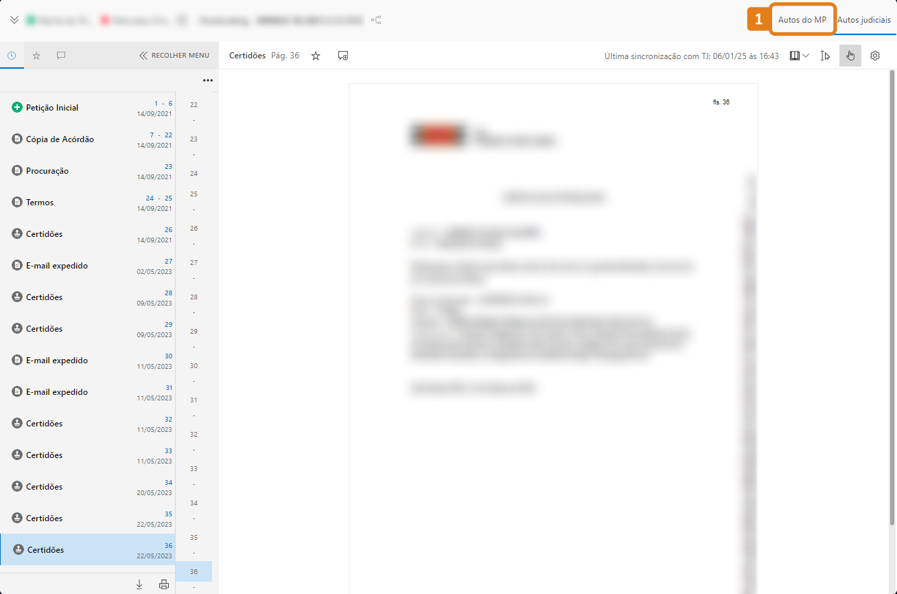 Tela do sistema SAJ exibindo lista de documentos à esquerda, como Petição Inicial, Procuração e Certidões. No canto superior direito, destaque em laranja para o botão “Autos do MP”.