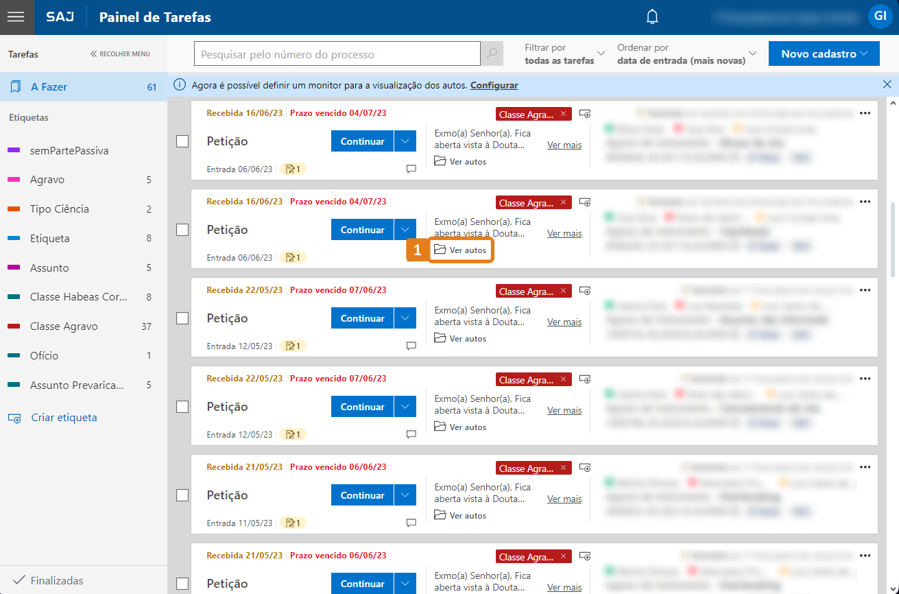 Painel de Tarefas com destaque no botão Ver autos de uma tarefa