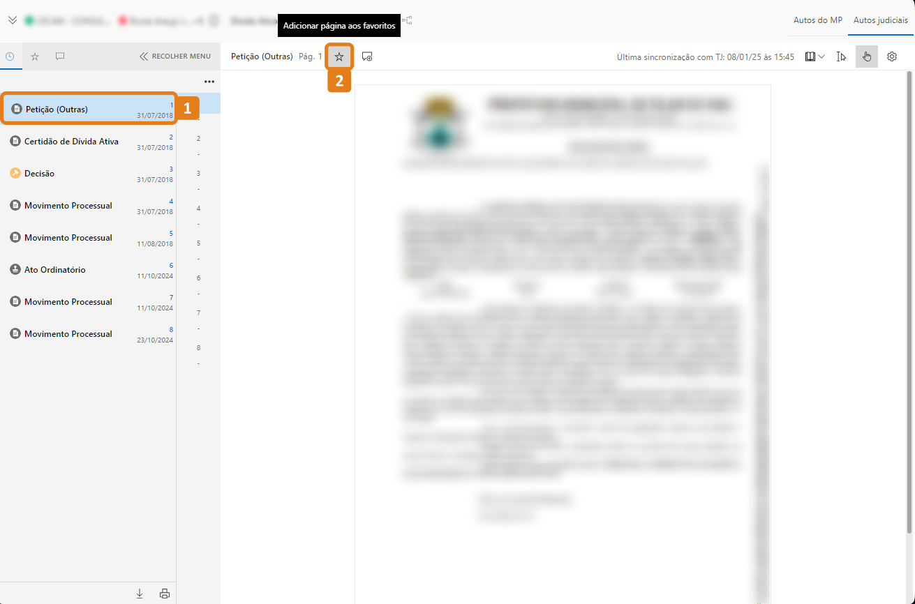 Autos judiciais com destaque em um documento e no botão Adicionar página aos favoritos