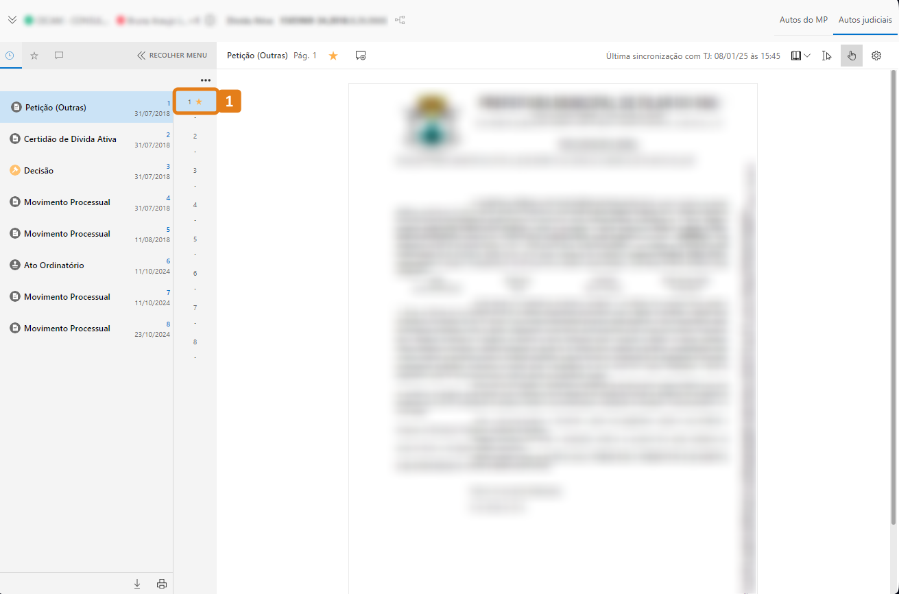Autos judiciais com destaque em uma página favoritada