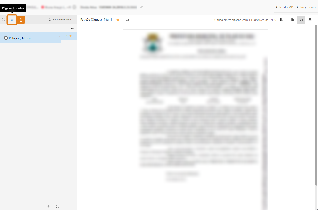 Autos judiciais com destaque no botão Páginas favoritas 