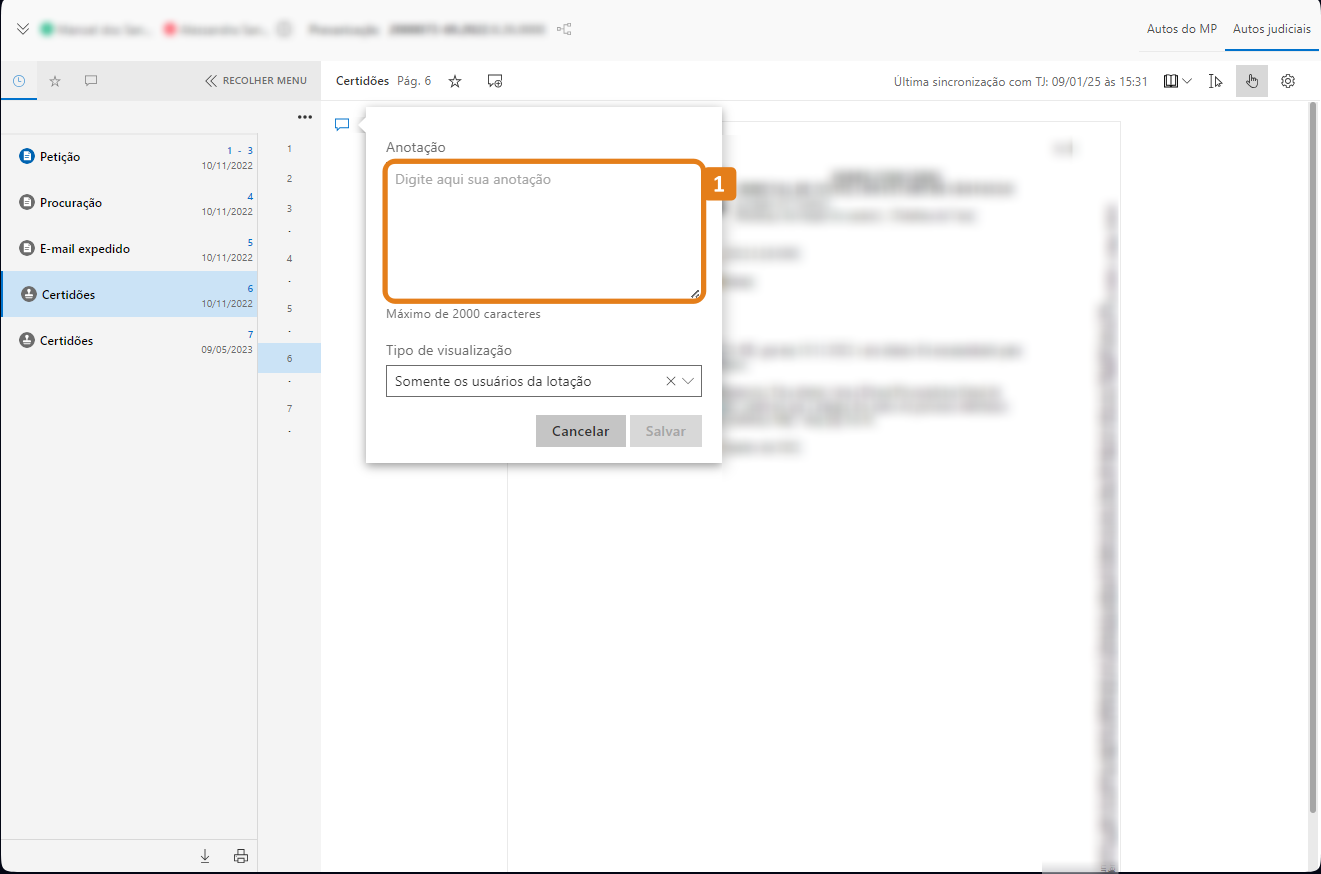 Janela anotação com destaque no campo anotação