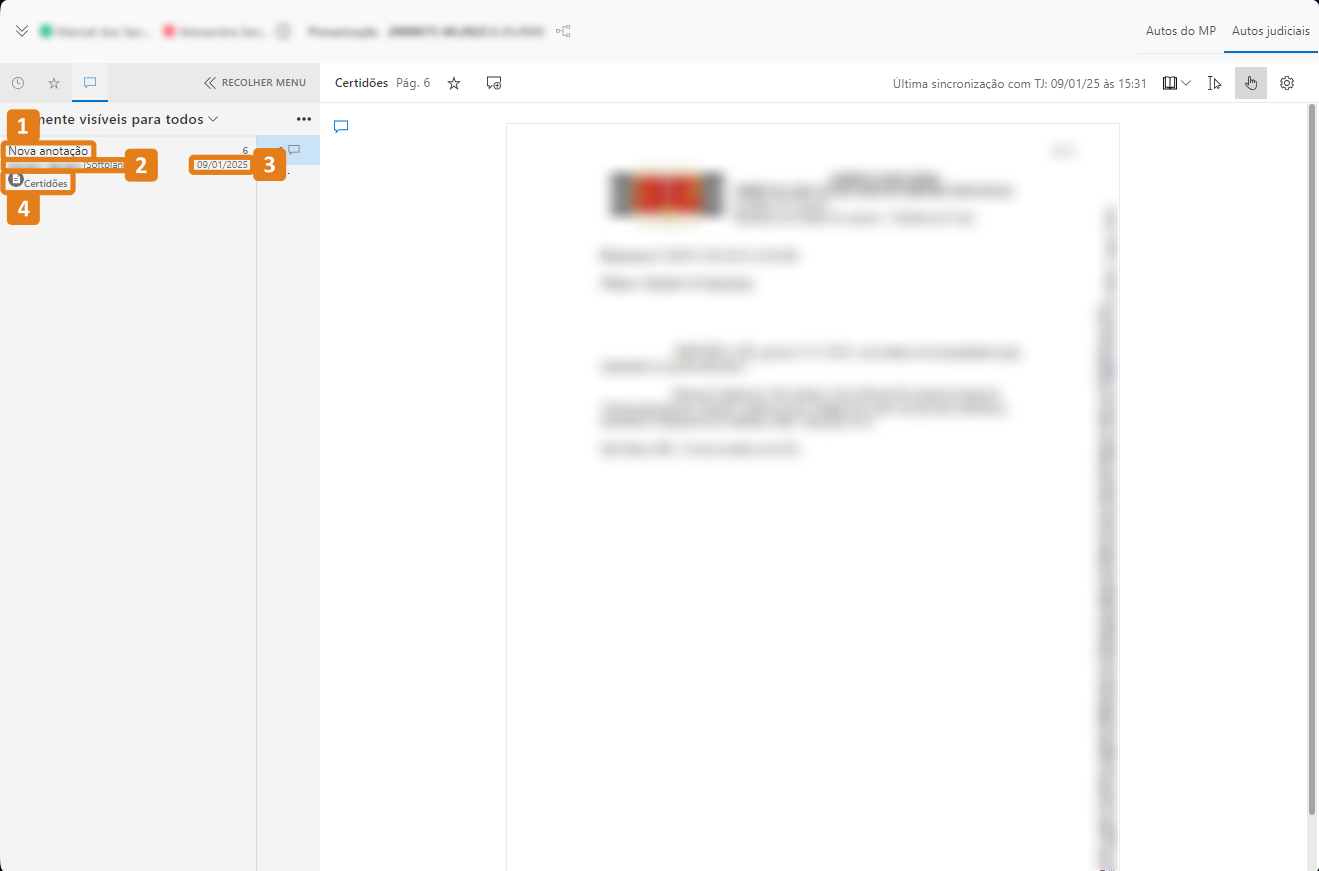 Aba anotações com destaques nas informações da anotação
