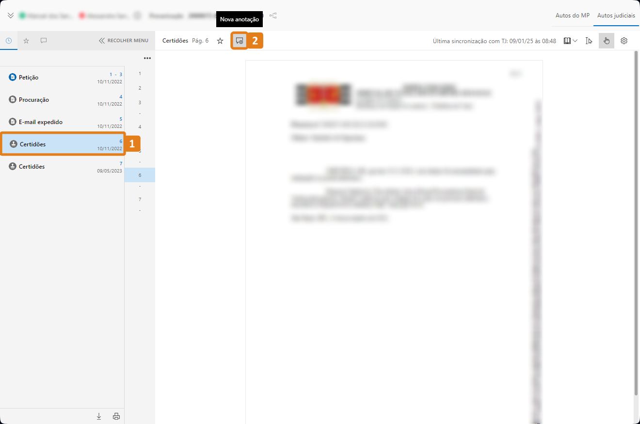Autos Judiciais com destaques em um documento e no botão Nova anotação