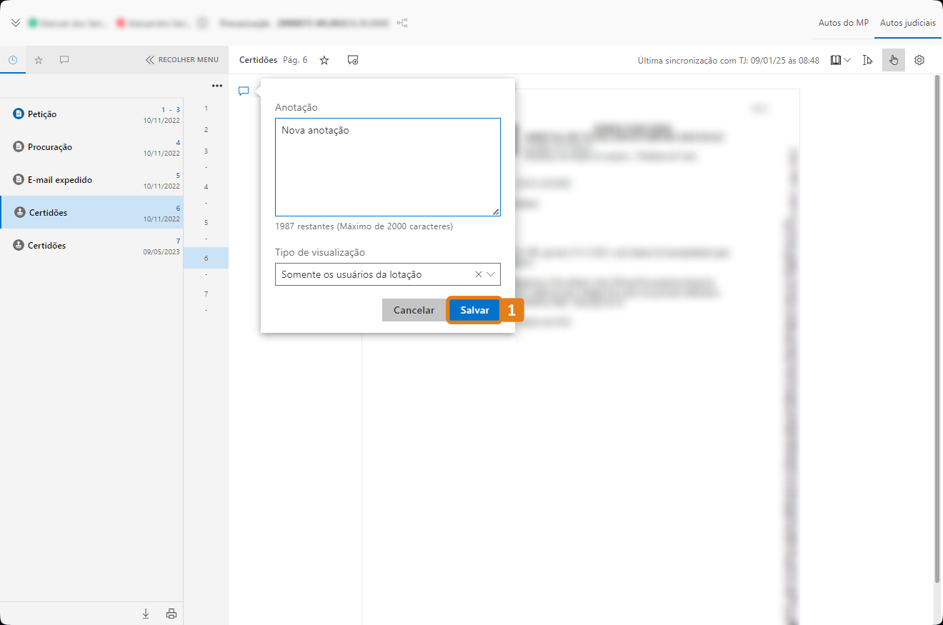 Janela anotação com destaque no botão Salvar