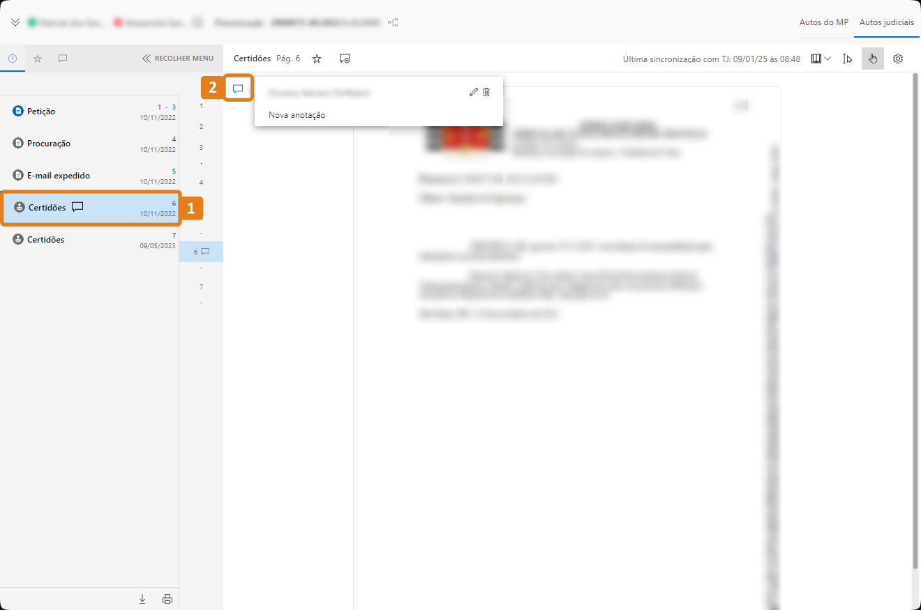 Autos Judiciais com destaques em um documento com anotação e na sua anotação